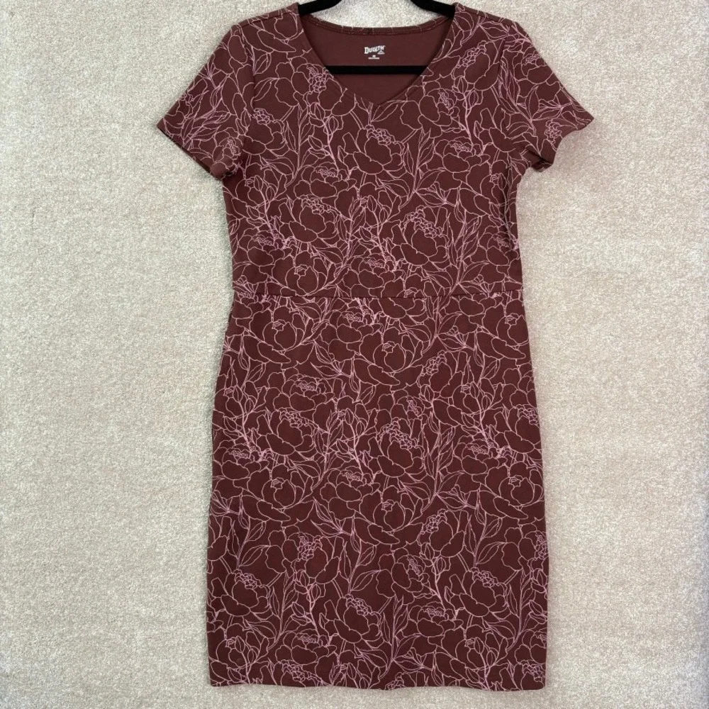 DULUTH TRADING CO Dress Women's XS Burgundy Floral V-Neck Short‎ Sleeve Pockets